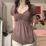 Vintage Aesthetic Women T Shirt Elegant Ladies Short Sleeve V Neck Ruffled Tops Summer Lolita Kawaii Grunge Clothes
