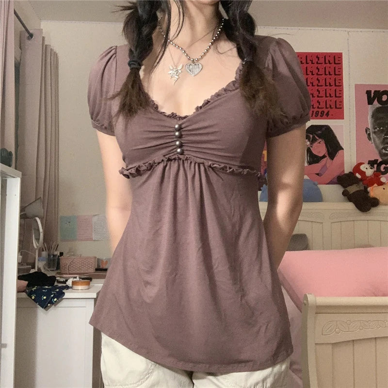 Vintage Aesthetic Women T Shirt Elegant Ladies Short Sleeve V Neck Ruffled Tops Summer Lolita Kawaii Grunge Clothes