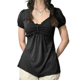 Vintage Aesthetic Women T Shirt Elegant Ladies Short Sleeve V Neck Ruffled Tops Summer Lolita Kawaii Grunge Clothes