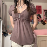 Vintage Aesthetic Women T Shirt Elegant Ladies Short Sleeve V Neck Ruffled Tops Summer Lolita Kawaii Grunge Clothes