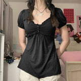 Vintage Aesthetic Women T Shirt Elegant Ladies Short Sleeve V Neck Ruffled Tops Summer Lolita Kawaii Grunge Clothes