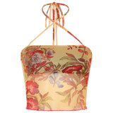 Y2K Mesh Sheer Floral T-shirt E-girl 90s Vintage Halter Tops Women Sleeveless Slim Fit Crop Top Harajuku Streetwear