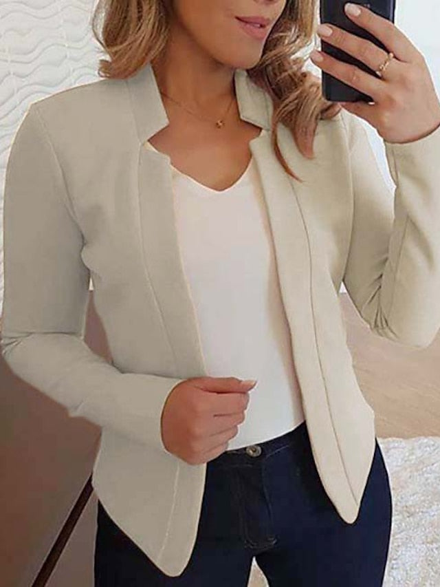 Women's Blazer Solid Color Classic Office / Business Long Sleeve Coat Spring Fall Causal Open Front Regular Jacket Light Pink