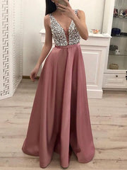 Women's Prom Dress Party Dress Sequin Dress Long Dress Maxi Dress Pink Sleeveless Pure Color Sequins Summer Spring Fall Deep V Fashion Evening Party Wedding Guest Vacation Slim S M L XL