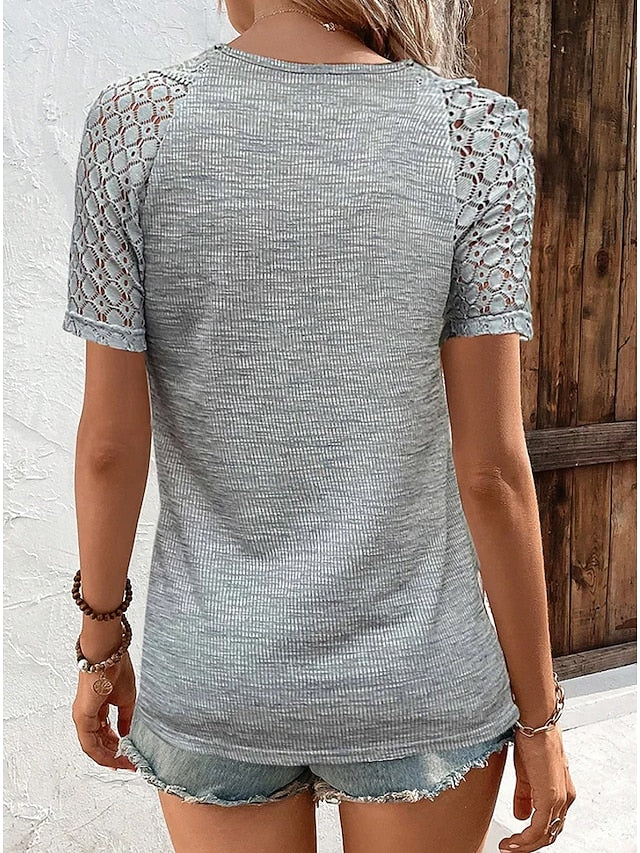 Women's T shirt Tee Black White Red Plain Lace Button Short Sleeve Daily Weekend Basic V Neck Regular S