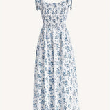 Ditsy Floral Print Knotted Dress, Vacation Shirred Ruched Dress, Women's Clothing