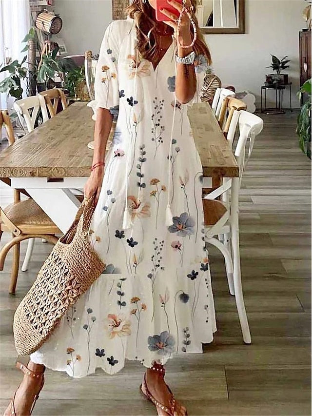 Women's Long Dress Maxi Dress Casual Dress A Line Dress Summer Dress Floral Fashion Casual Outdoor Daily Vacation Print Half Sleeve V Neck Dress Loose Fit White Yellow Summer Spring S M L XL XXL