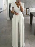 Women's Jumpsuit Solid Color V Neck Elegant Office Daily Straight Regular Fit Half Sleeve Bell Sleeve Black White Red S M L Summer