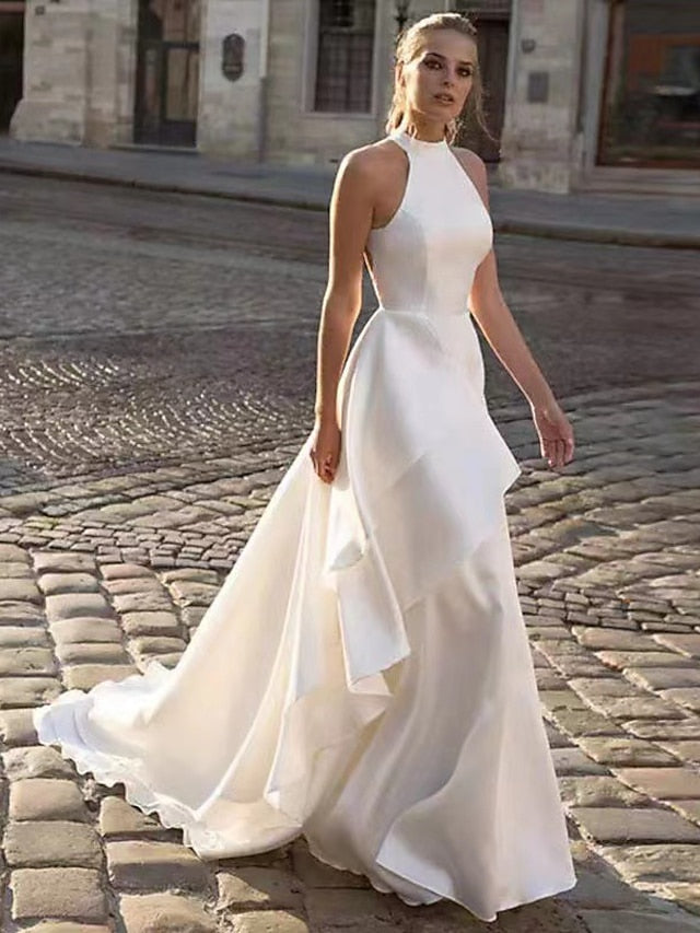 Reception Open Back Casual Wedding Dresses A-Line Halter Sleeveless Court Train Satin Bridal Gowns With Solid Color Summer Wedding Party, Women's Clothing