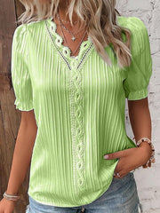 Women's Shirt Blouse yellow-green Violets White Plain Lace Short Sleeve Casual Basic V Neck Regular S