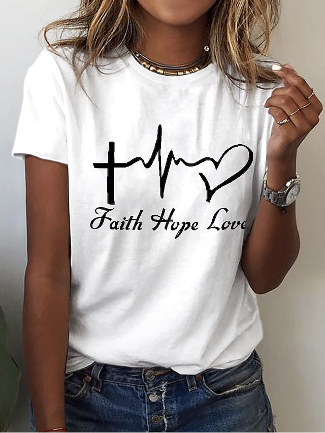 Women's T shirt Tee White Yellow Pink Heart Letter Print Short Sleeve Casual Weekend Basic Round Neck Regular Cotton Painting S