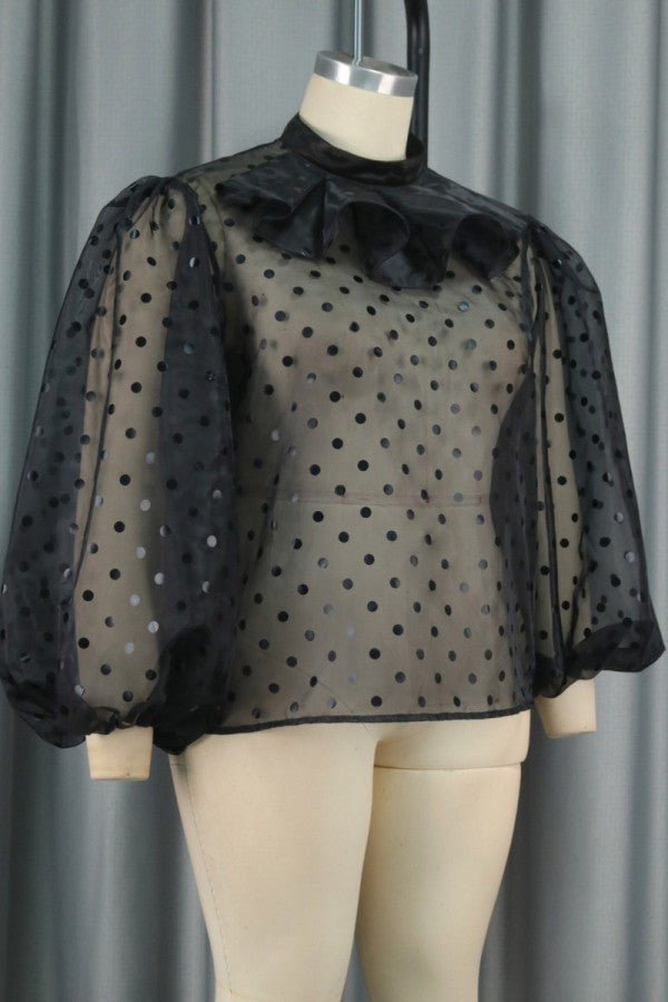Pbong - Black Casual Dot Patchwork See-through Half A Turtleneck Tops