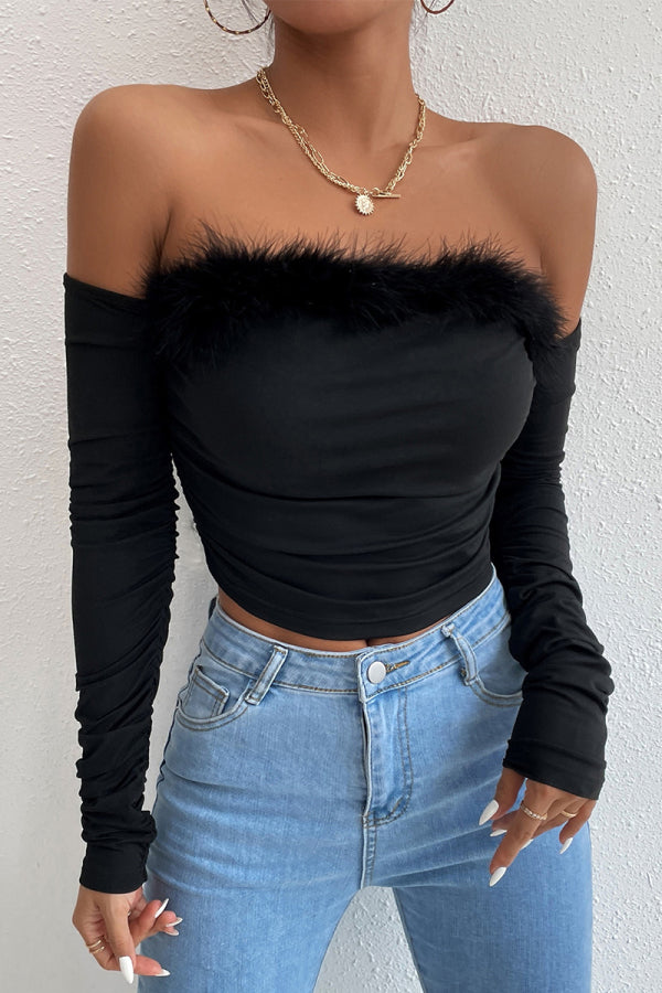 Pbong - Black Sexy Elegant Solid Feathers Off the Shoulder Tops