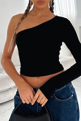 Pbong - Black Casual Solid Backless Asymmetrical Oblique Collar Tops