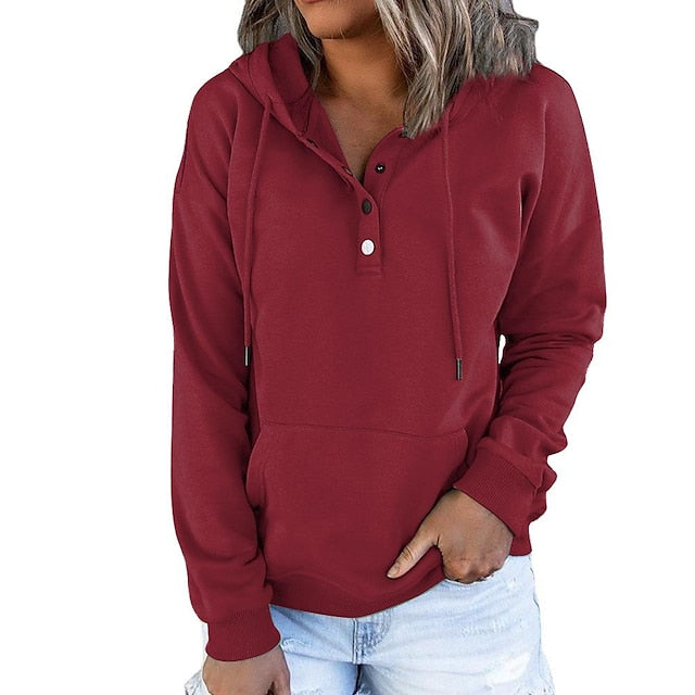 Women's Hoodie Button Pocket Solid Colored Basic Hooded Standard Winter Wine Red Green Black Blue Pink