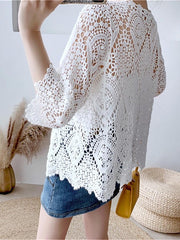 Women's Cardigan Sweater Jumper Crochet Knit Embroidered Hole Solid Color Open Front Stylish Casual Daily Going out Summer Spring White Beige One-Size