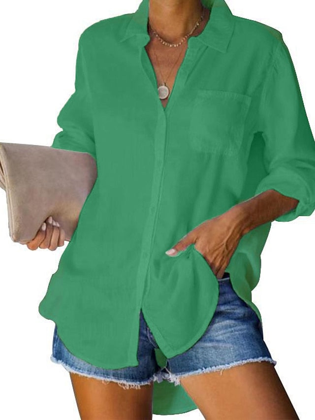 Women's Shirt Blouse Black White Pink Plain Button Long Sleeve Casual Basic Shirt Collar Regular Cotton S