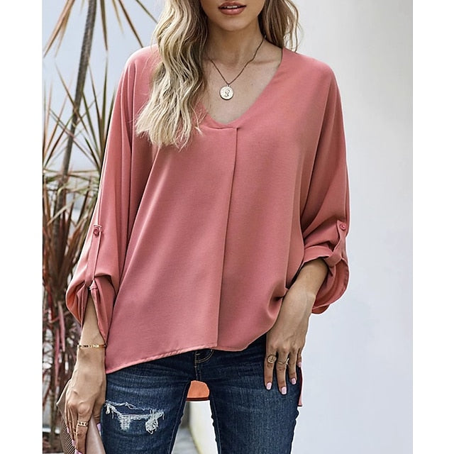 Women's Shirt Black Pink Wine Plain Asymmetric Long Sleeve Going out Elegant V Neck S