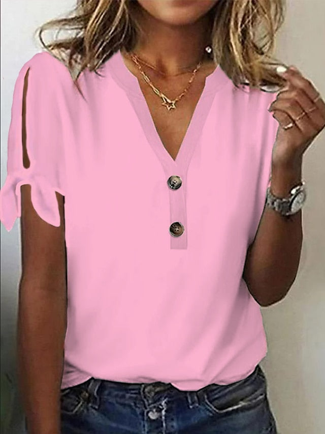 Women's T shirt Tee White Pink Blue Plain Button Cut Out Short Sleeve Daily Weekend Basic V Neck Regular S