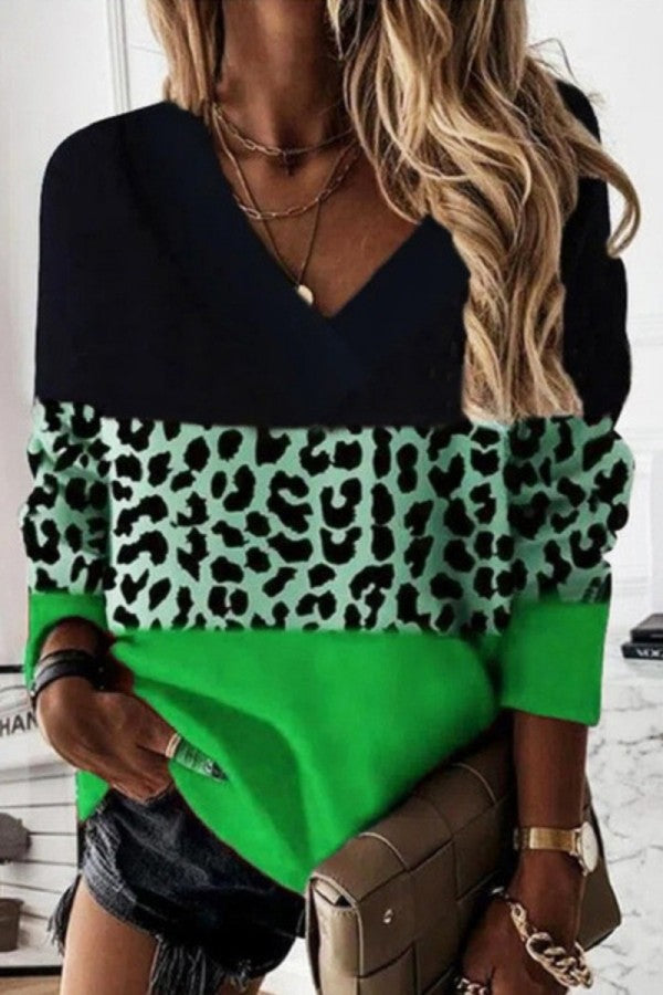 Pbong - Green Casual Print Leopard Patchwork V Neck Tops