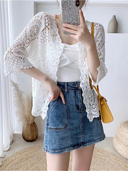 Women's Cardigan Sweater Jumper Crochet Knit Embroidered Hole Solid Color Open Front Stylish Casual Daily Going out Summer Spring White Beige One-Size