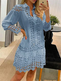 Women's Shirt Dress Casual Dress Cotton Linen Dress Mini Dress Lace Basic Classic Outdoor Daily Vacation Shirt Collar Lace Patchwork Long Sleeve Summer Spring Fall Loose Fit White Sky Blue Plain