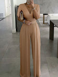 Women's Jumpsuit Solid Color V Neck Elegant Office Daily Straight Regular Fit Half Sleeve Bell Sleeve Black White Red S M L Summer