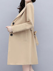 Women's Trench Coat Warm Breathable Outdoor Office Work Button Pocket Single Breasted Turndown OL Style Elegant Modern Solid Color Regular Fit Outerwear Long Sleeve Winter Fall Black Wine Khaki M L