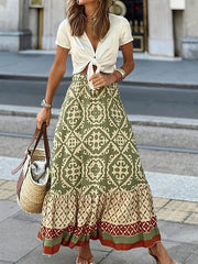 Women's Swing Long Skirt Maxi Polyester Black Light Green Blue Purple Skirts Ruffle Print Fashion coastal grandma style Boho Street Vacation S M L