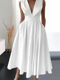 Women's Party Dress Swing Dress White Dress Midi Dress White Sleeveless Pure Color Ruched Summer Spring V Neck Fashion Birthday Wedding Guest Vacation Loose Fit S M L XL 2XL 3XL