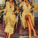Women's Party Dress Lace Dress Homecoming Dress Long Dress Maxi Dress White Yellow Pink Long Sleeve Pure Color Lace Summer Spring Fall Deep V Fashion Winter Dress Birthday Wedding Guest S M L XL