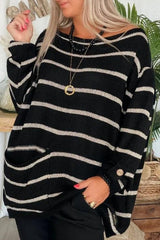 Pbong - Black Casual Striped Contrast O Neck Tops