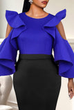 Pbong - Blue Casual Solid Hollowed Out Patchwork Flounce O Neck Tops