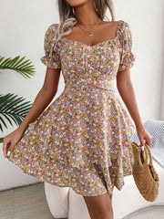 Bohemia Floral Print Dress, Puff Short Sleeve Square Neck Ruffle Hem Vacation Dress, Women's Clothing