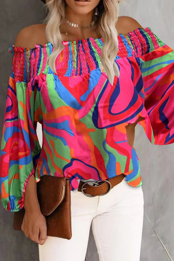 Pbong - Colour Casual Print Patchwork Off the Shoulder Tops
