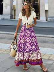 Women's Swing Long Skirt Maxi Polyester Black Light Green Blue Purple Skirts Ruffle Print Fashion coastal grandma style Boho Street Vacation S M L