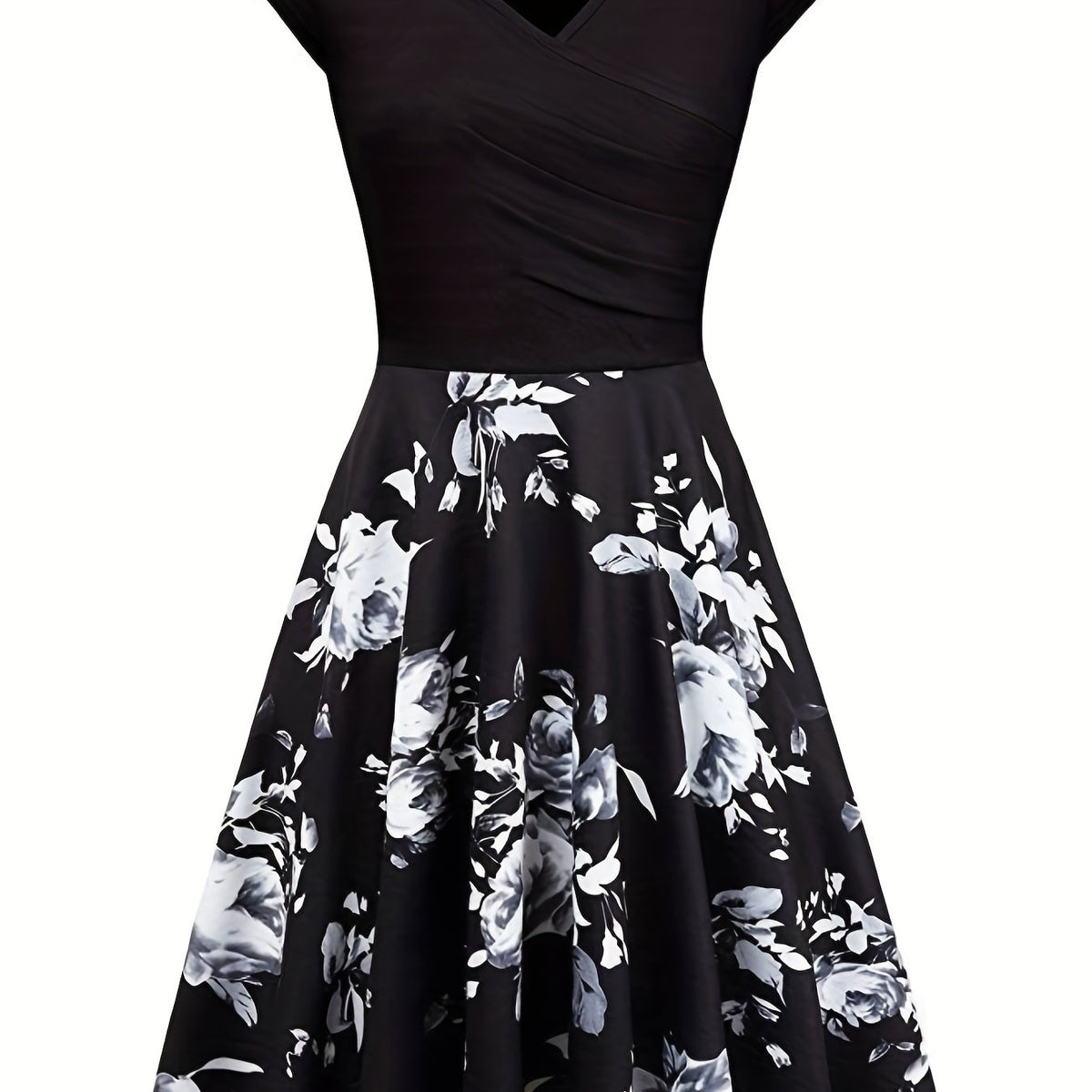 Floral Print V Neck Dress, Elegant Short Sleeve Dress For Spring & Summer, Women's Clothing