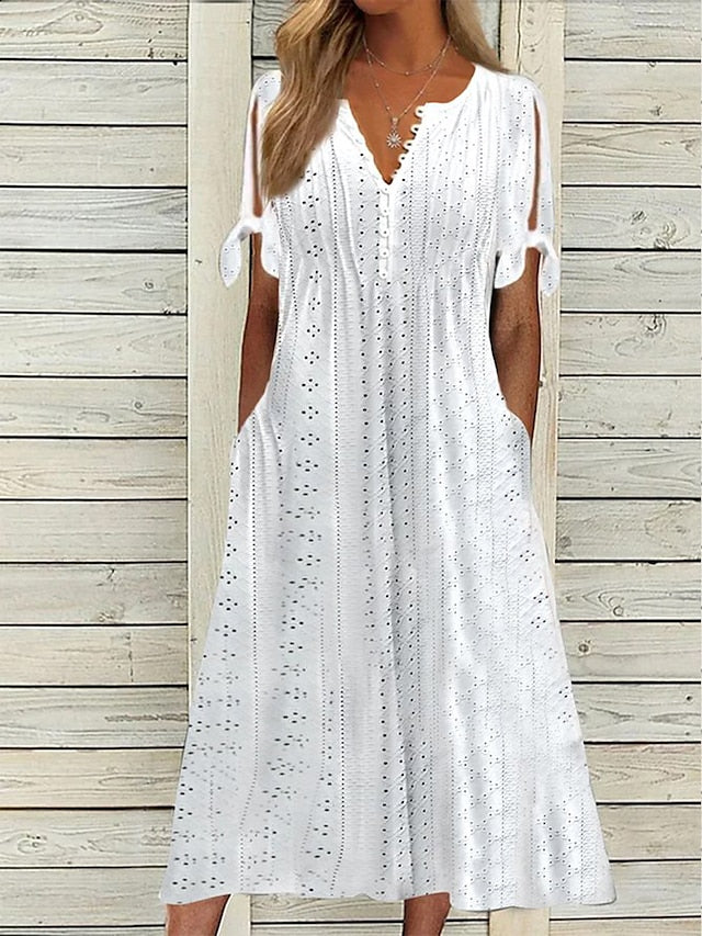 Women's Casual Dress Summer Dress Pleated Dress Plain Lace Ruched V Neck Midi Dress Fashion Elegant Outdoor Daily Short Sleeve Loose Fit White Pink Blue Summer Spring S M L XL XXL