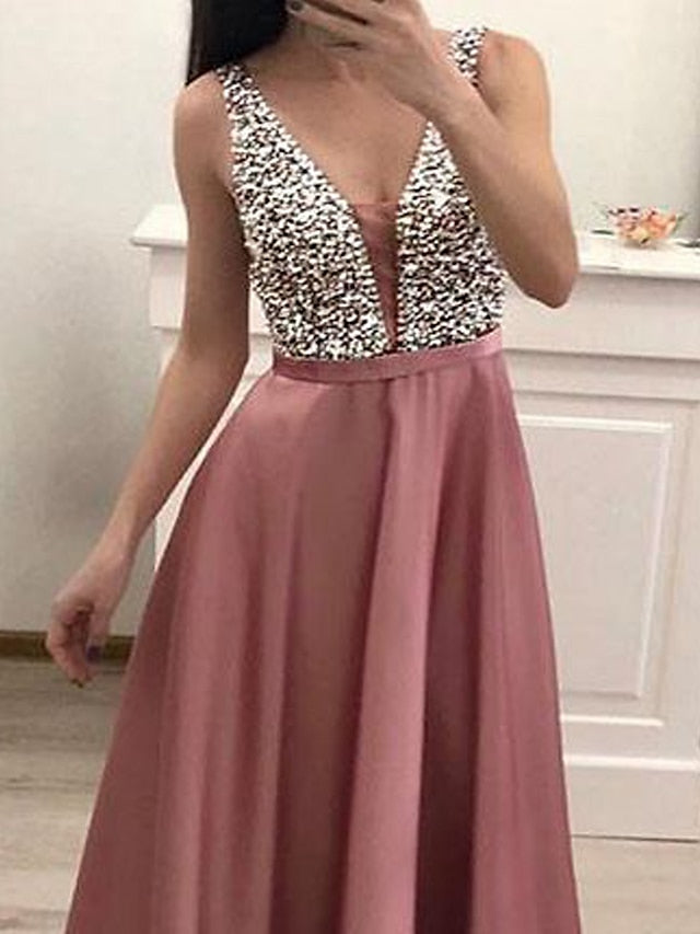 Women's Prom Dress Party Dress Sequin Dress Long Dress Maxi Dress Pink Sleeveless Pure Color Sequins Summer Spring Fall Deep V Fashion Evening Party Wedding Guest Vacation Slim S M L XL