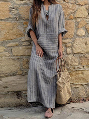Women's Cotton Linen Dress Casual Dress Tartan Dress Maxi long Dress Cotton And Linen Casual Outdoor Daily Holiday Split Neck Rolled Cuff Print Long Sleeve Summer Spring Fall Loose Fit Red Green