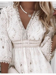 Women‘s Party Dress Casual Dress Lace Dress Mini Dress White Beige 3/4 Length Sleeve Embroidery Ruched Summer Spring Fall V Neck Fashion Wedding Summer Dress Office S M L XL 2XL 3XL