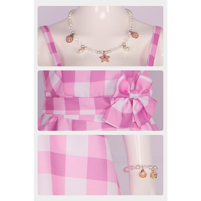 Doll Barbiecore Movie Outfits Pink Gingham Dress with Accessories Y2K Retro Vintage Women's Cosplay Costume Halloween Carnival Masquerade