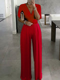 Jumpsuits for Women Summer Dressy Solid Color V Neck Elegant Office Daily Straight Regular Fit Half Sleeve Bell Sleeve Black White Red S M L
