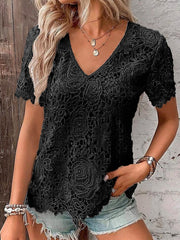 Women's T shirt Tee Black White Wine Plain Lace Short Sleeve Casual Basic V Neck Regular S