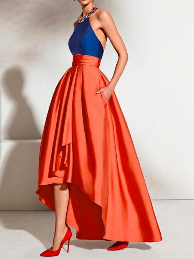 A-Line Prom Dresses Color Block Dress Formal Evening Asymmetrical Sleeveless Halter Satin with Pleats