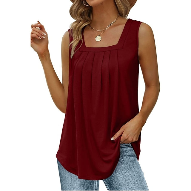 Women's Tank Pleated Solid / Plain Color Basic Square Neck Sleeveless Summer Wine Red Black White Light Green Pink