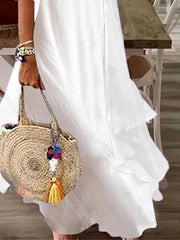 Women's Plain Casual Dress Cotton Linen Dress Dress Set Maxi long Dress Cotton Blend Fashion Elegant Outdoor Daily V Neck Ruffle Layered 3/4 Length Sleeve Summer Dress Spring Fall Regular Fit