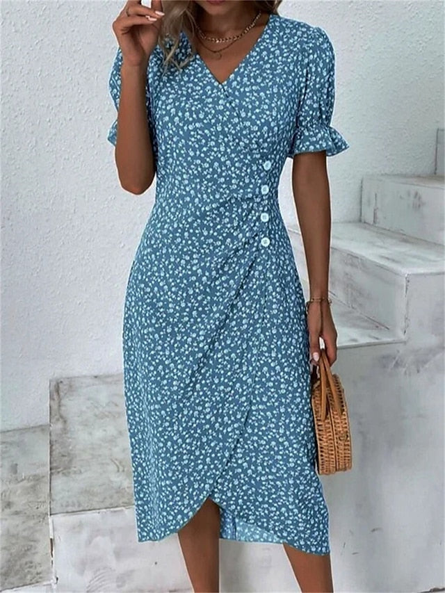 Women's Casual Dress Wrap Dress Floral Dress Floral Button Print V Neck Midi Dress Fashion Classic Daily Holiday Short Sleeve Regular Fit Black Dark Red Yellow Summer Spring S M L XL XXL