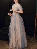 A-Line Prom Dresses Color Block Dress Wedding Party Floor Length Half Sleeve Scoop Neck Tulle with Pleats Ruffles