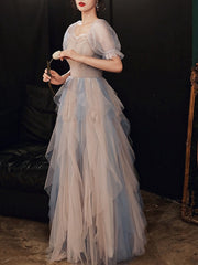 A-Line Prom Dresses Color Block Dress Wedding Party Floor Length Half Sleeve Scoop Neck Tulle with Pleats Ruffles
